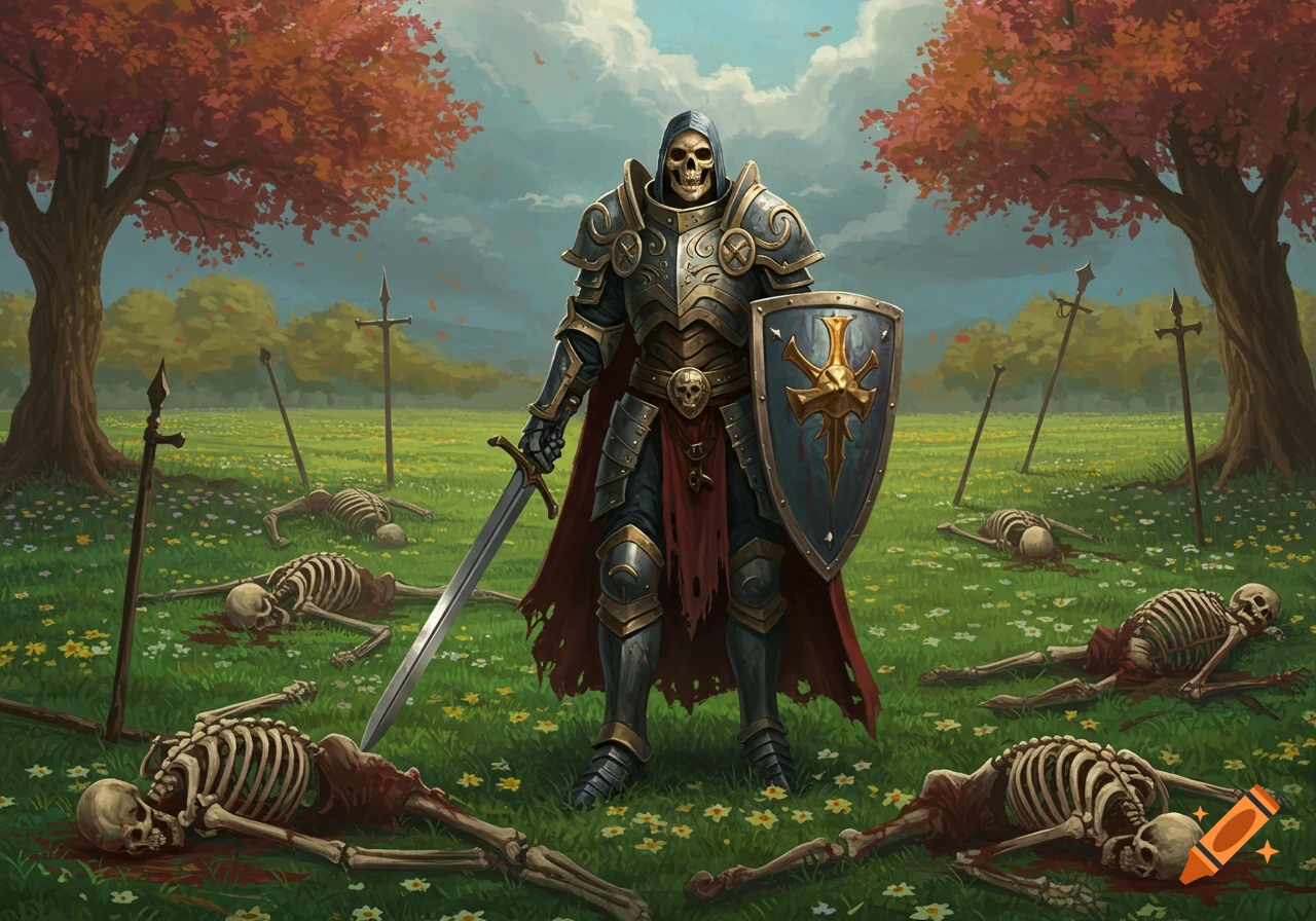 A skeleton knight stands in a field among dead skeletons and swords.