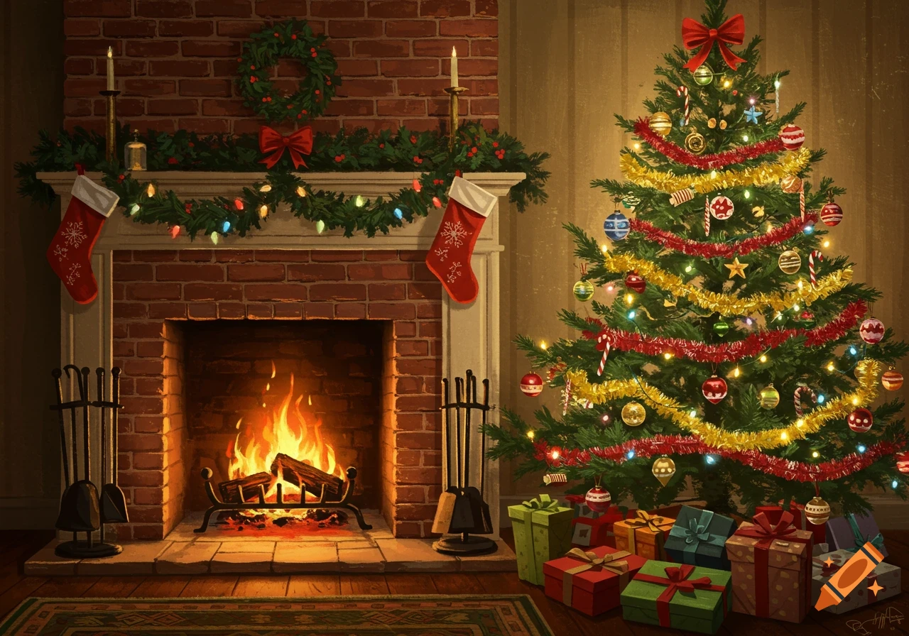 A 1950s retro style illustration of a Christmas tree decorated with lights and tinsel, beside a fireplace with stockings. Presents are stacked beneath the tree.
