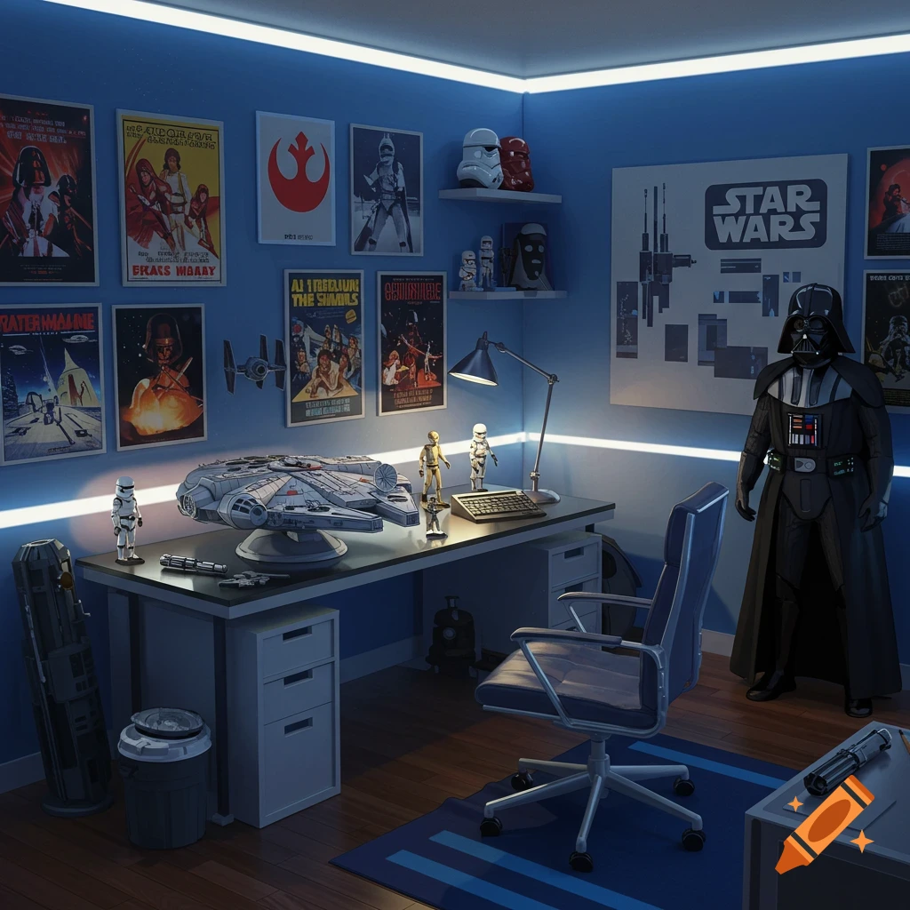 A Star Wars themed room with movie posters, models, figures, and a Darth Vader costume.