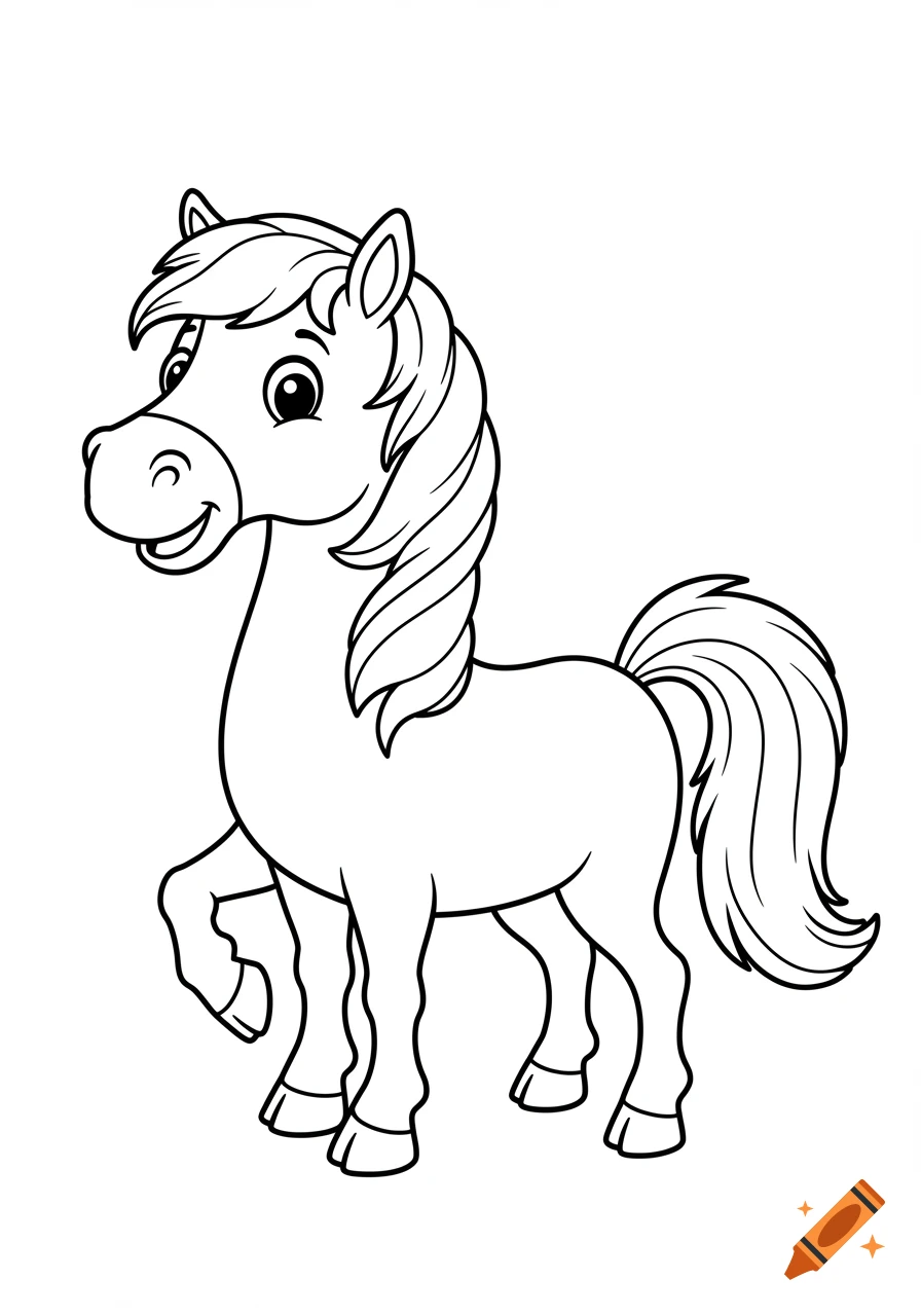 Cartoon horse line art drawing for a coloring page.