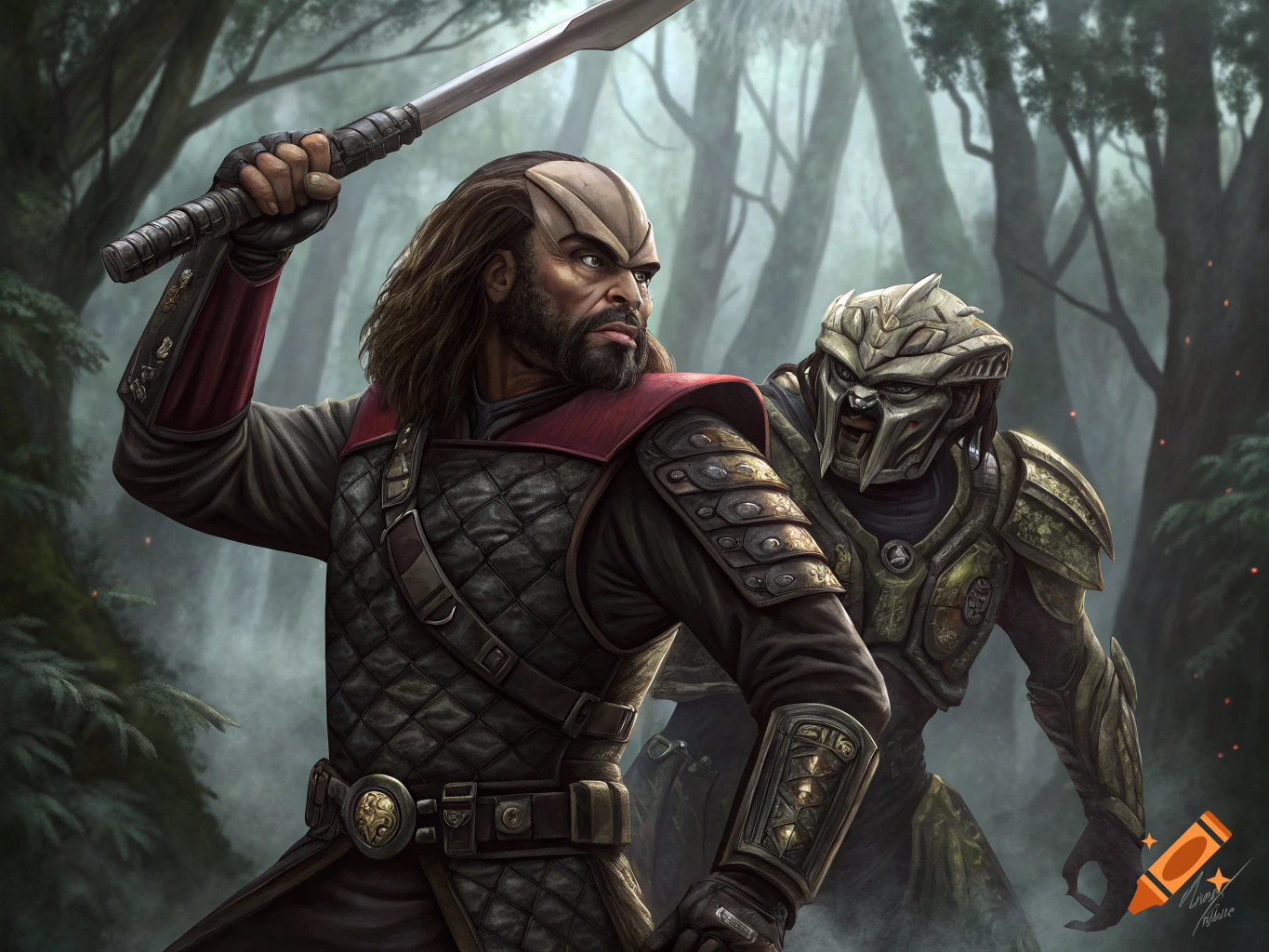 A fierce warrior resembling a Klingon battles a creature similar to a Predator in a misty forest.