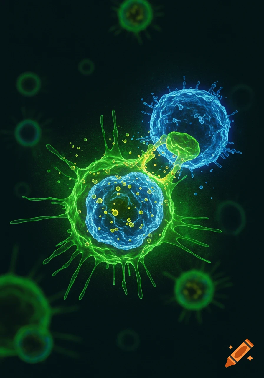 A microscopic view of two large cells, one green and one blue, connected, surrounded by smaller green cells on a dark background.