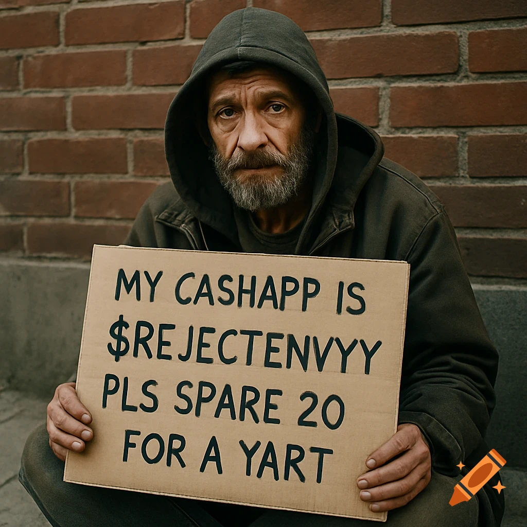 Photorealistic portrait of a homeless man holding a sign.