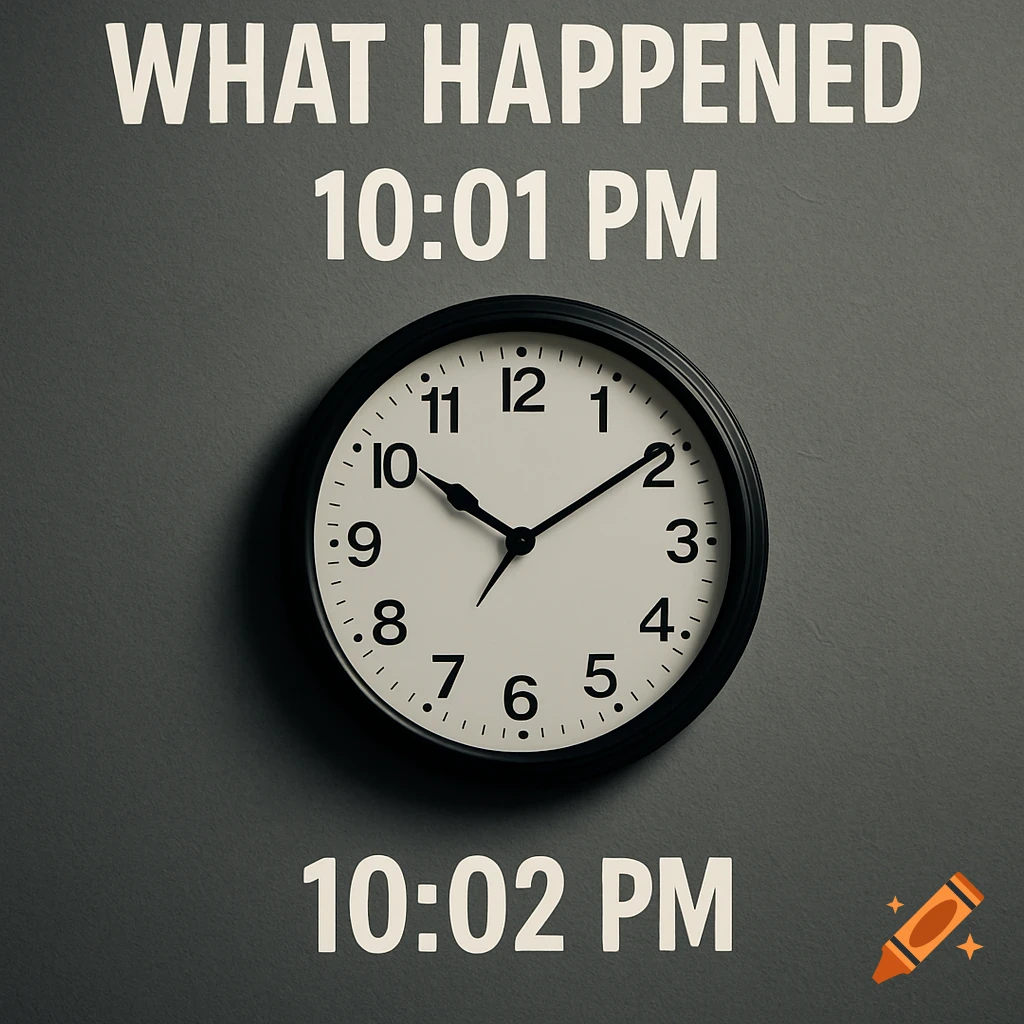 A clock on a grey wall with text reading "WHAT HAPPENED 10:01 PM" above and "10:02 PM" below.