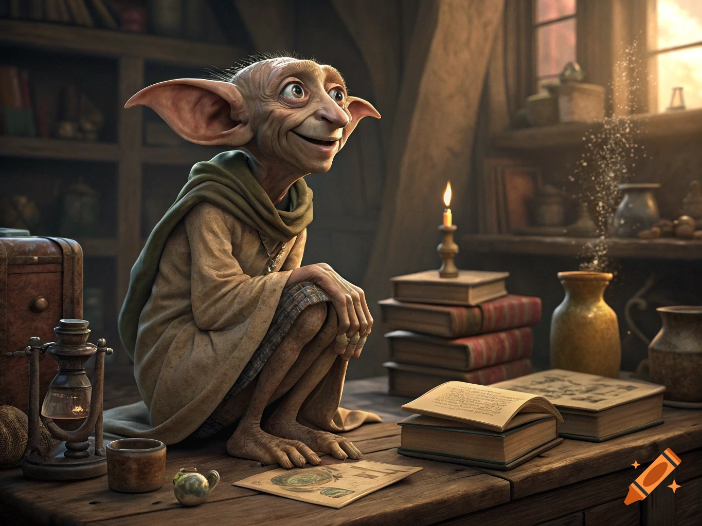 Realistic depiction of Dobby the house-elf sitting on a wooden table surrounded by books and magical items in a dimly lit room.