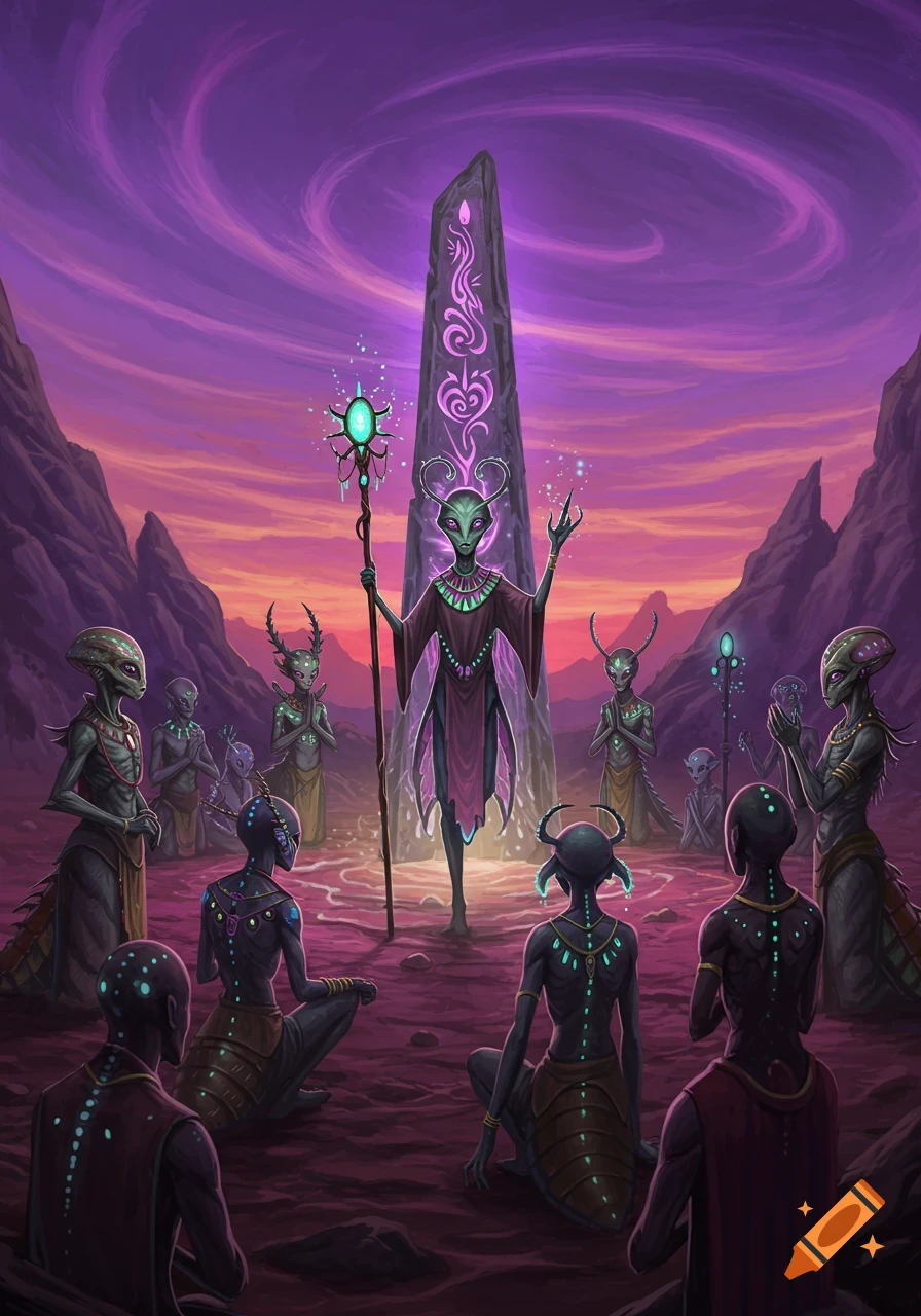 Aliens in a ritual surrounding a glowing obelisk in a rocky landscape under a purple sky.