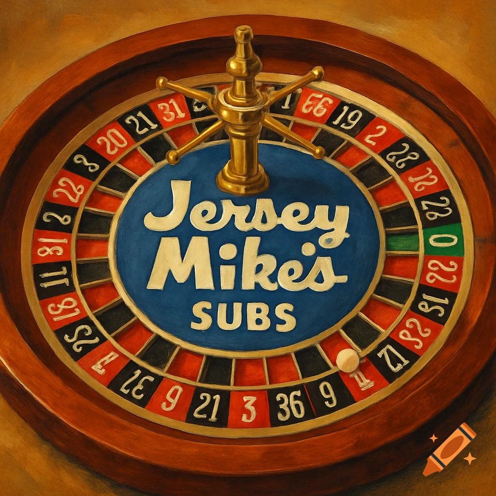 A roulette wheel with 'Jersey Mike's SUBS' written in the center. The wheel has numbers around the edge.