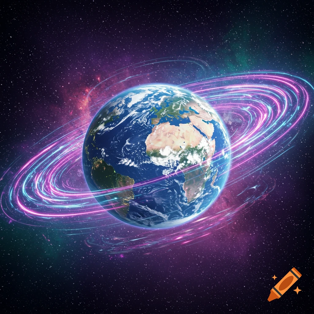 Earth in space surrounded by glowing purple and blue rings.