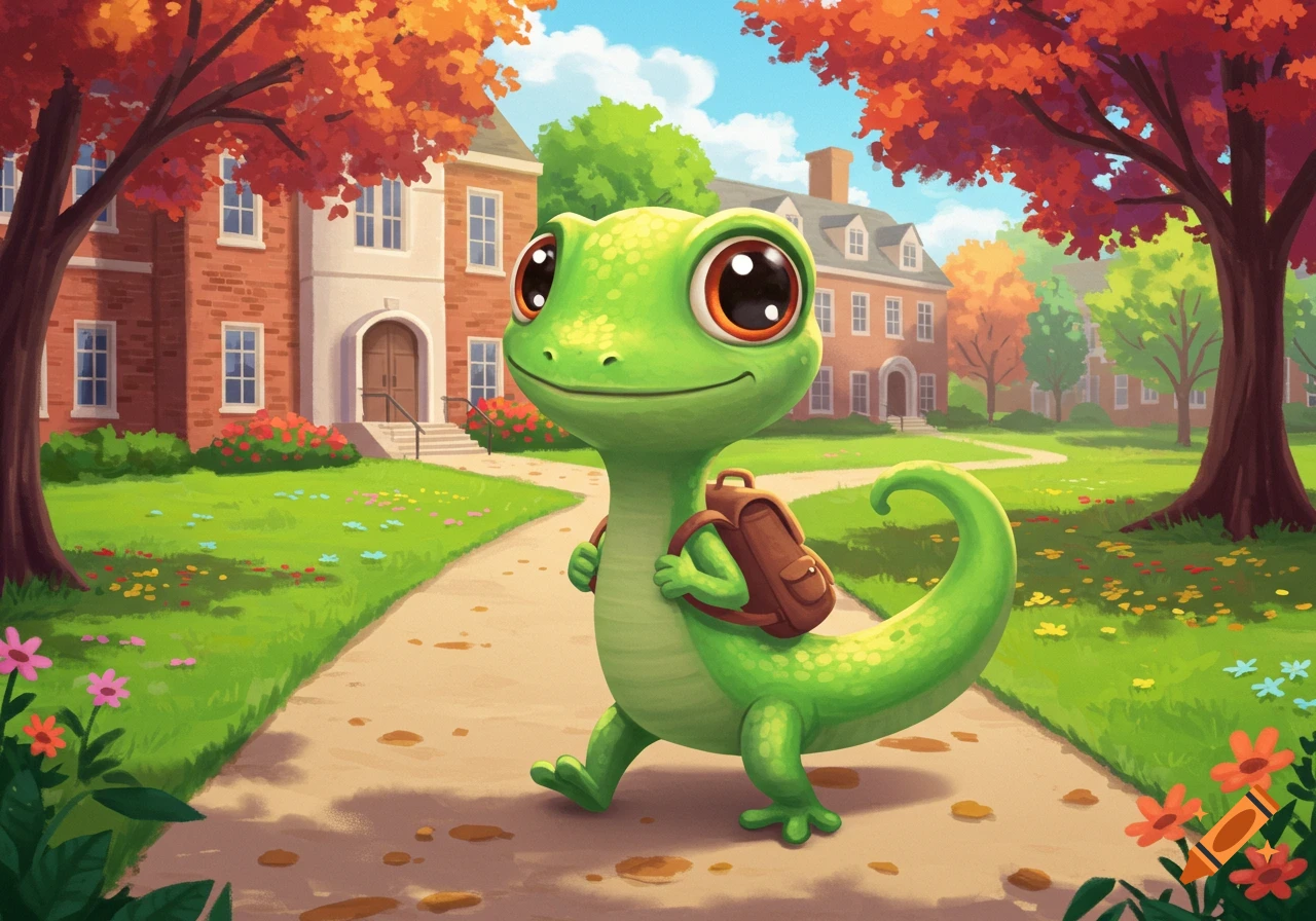 A cute green cartoon lizard with a backpack walks on a path through a university campus in autumn.