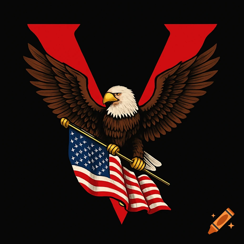 Eagle holding American flag in front of a red V on a black background