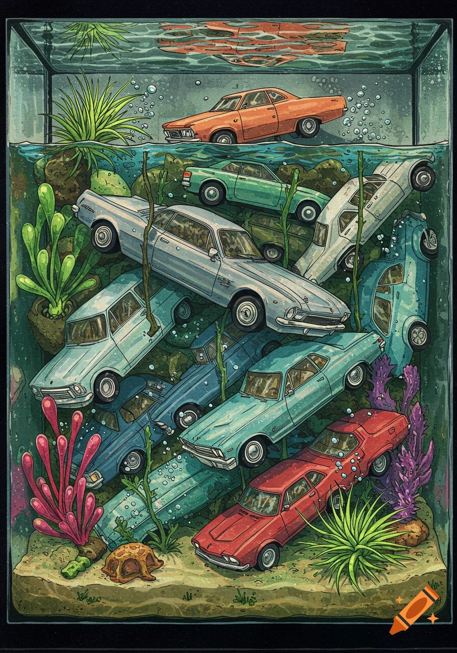 Illustration of various cars submerged in a fish tank with gravel and plants.