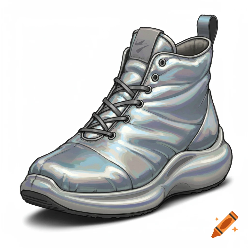 Stylized illustration of a silver metallic high-top sneaker with a wide toe box.