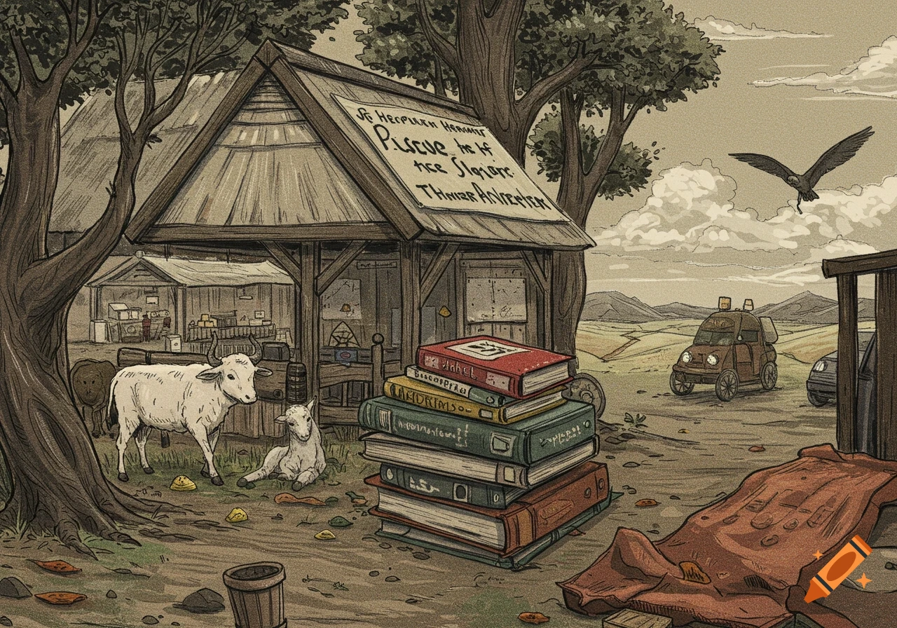 Drawing of a rural scene with a shed, a cow and lamb, a stack of books, vehicles in the background, and a bird flying overhead.
