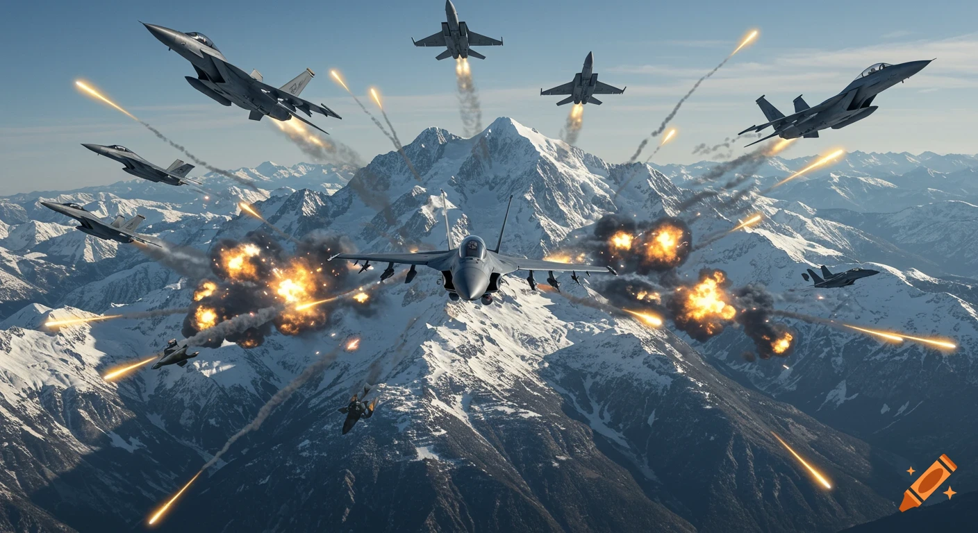 Fighter jets dogfighting over snowy mountains with explosions and gunfire.