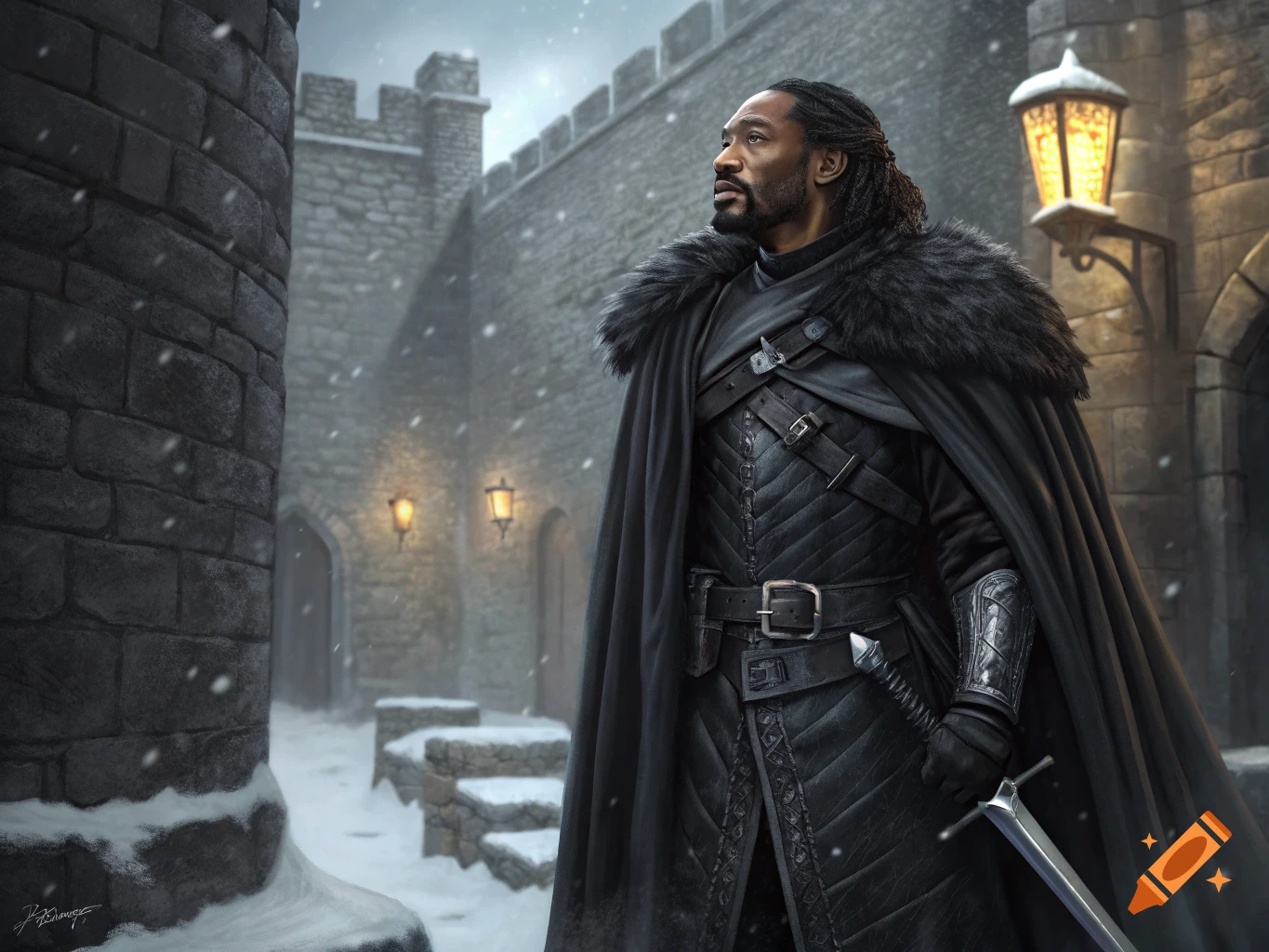 Man resembling Snoop Dogg in black fantasy armor and cloak stands in a snowy castle courtyard.