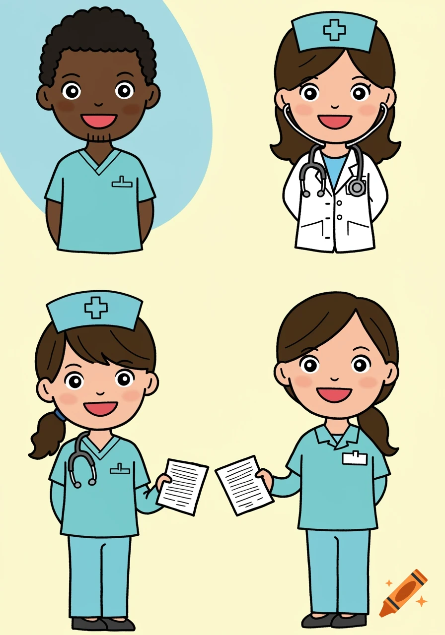 Cartoon illustration of diverse medical staff