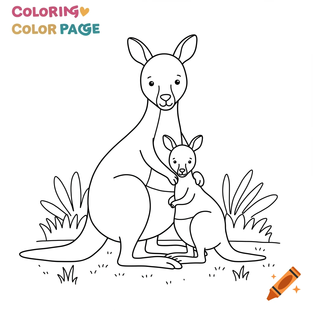 A simple line drawing of a mother kangaroo and her baby hugging, suitable for coloring.