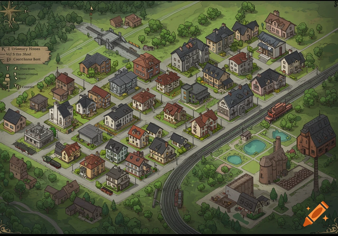 An isometric illustrated map of a town with houses, streets, railway, factories, and parks.