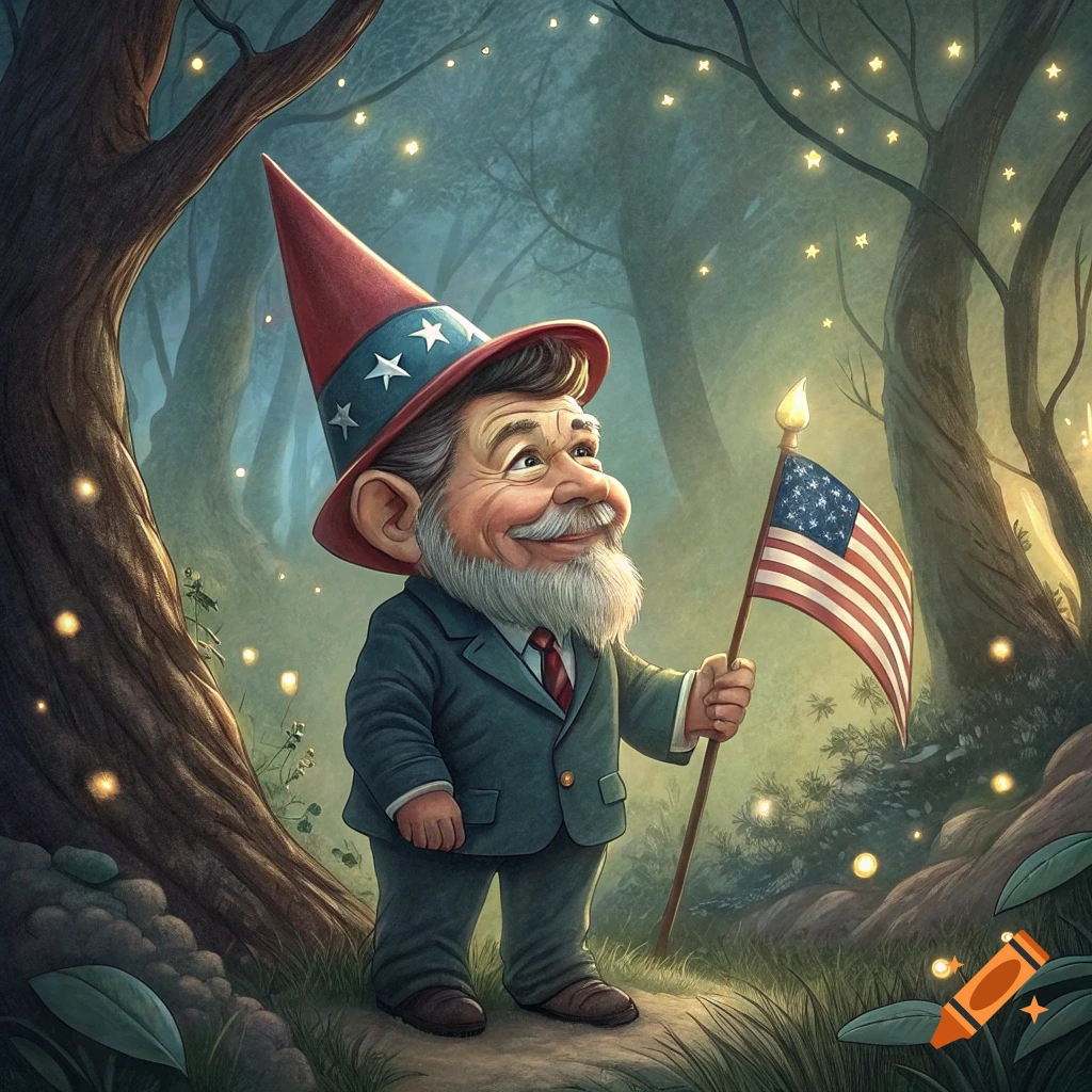Cartoon gnome wearing a patriotic hat and suit, holding a US flag in a glowing forest.