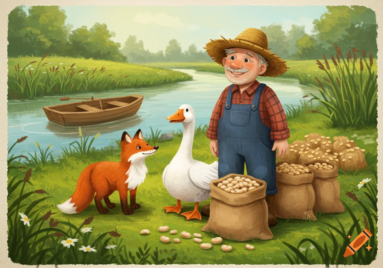Illustration of a farmer with a goose and fox next