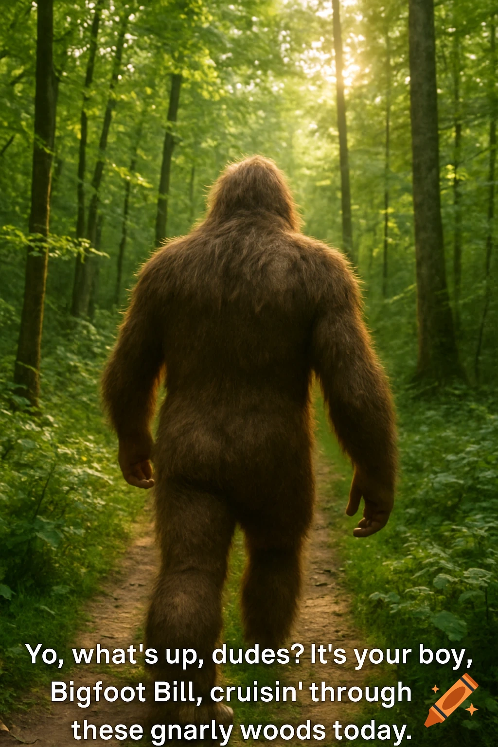 Photorealistic image of Bigfoot walking away into a sunlit forest.