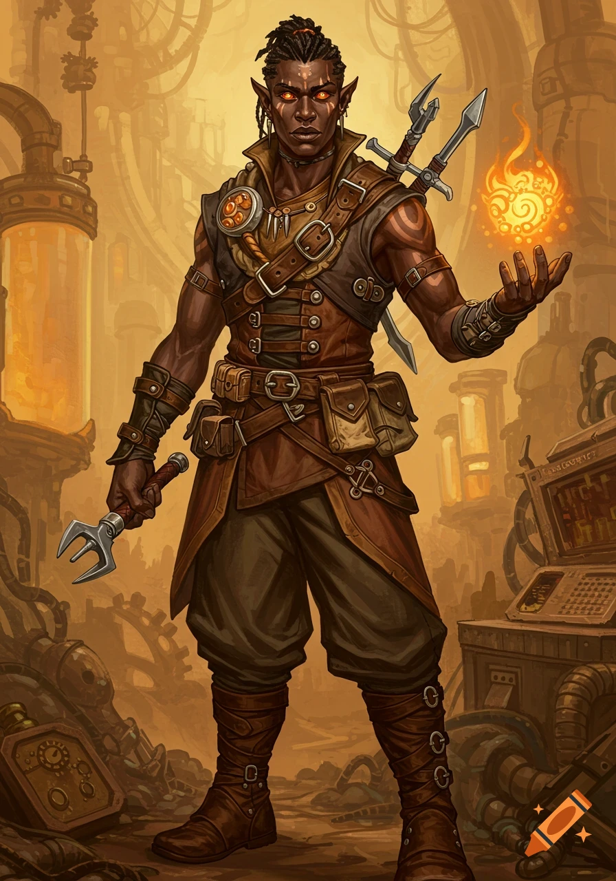Dark-skinned fantasy artificer with copper eyes holding a tool and fire orb in a steampunk workshop.