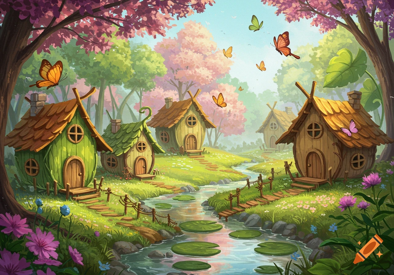 Whimsical illustration of a butterfly village with small houses by a stream.