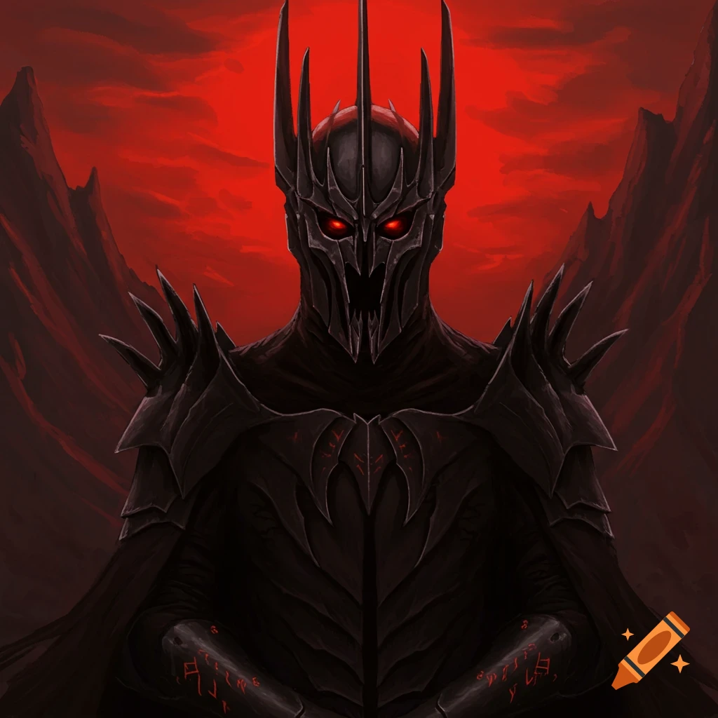 A dark figure in spiky black armor with red eyes and a tall crown ...