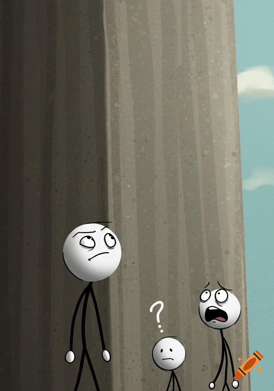 Three simple stick figures look up at a tall wall. One looks smug, one looks confused with a question mark, and one looks panicked.