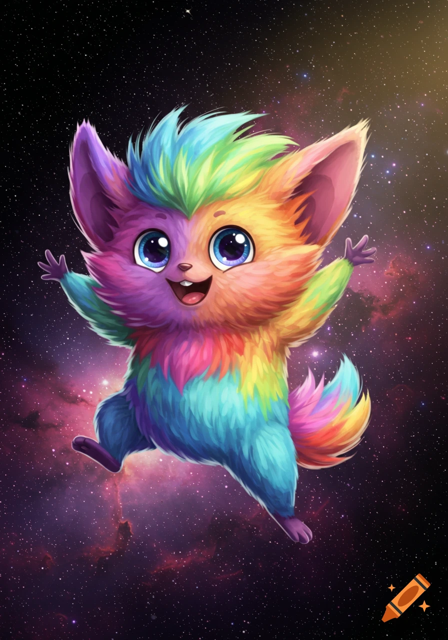 A cheerful, rainbow-colored fluffy creature with big eyes floats in starry space.