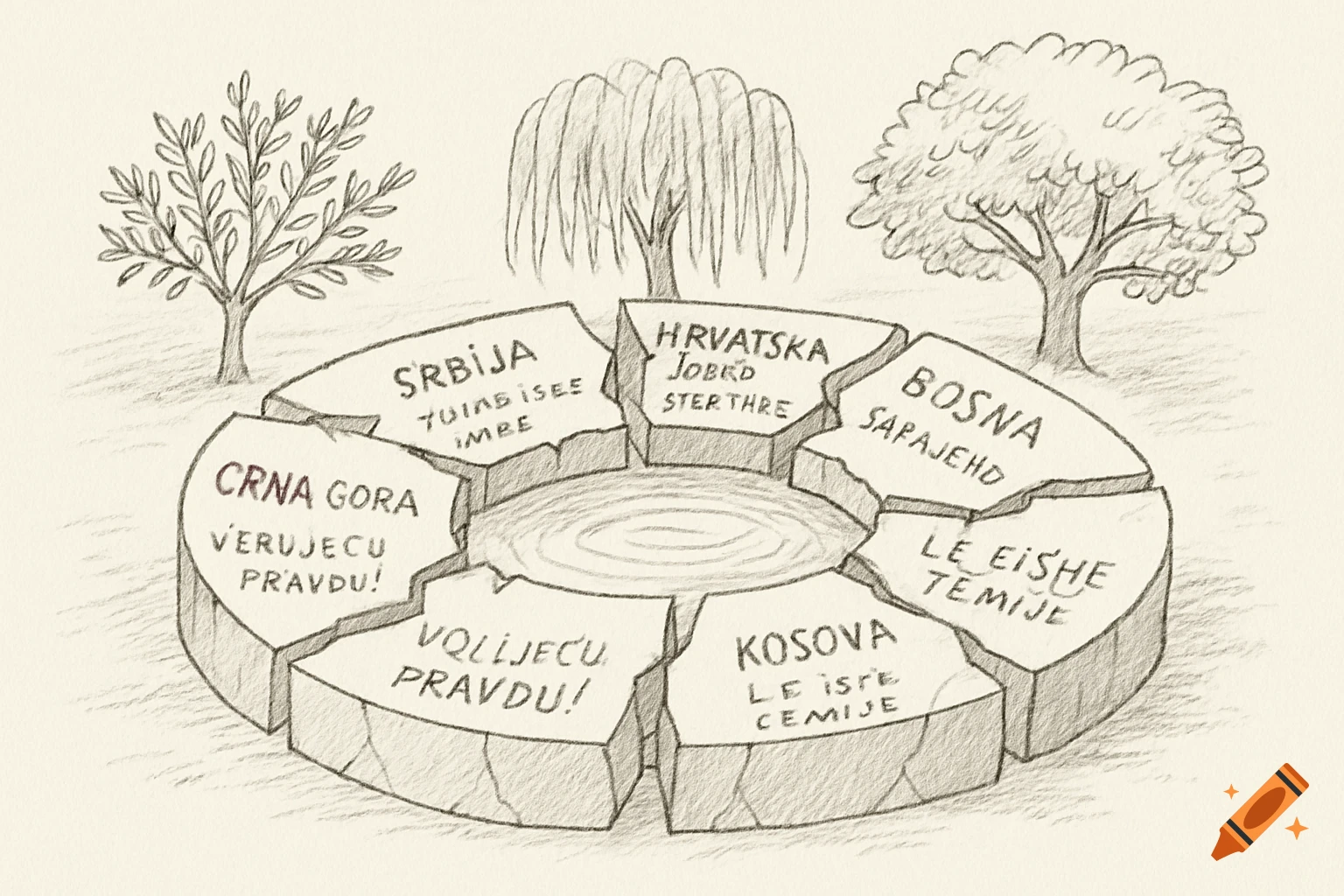 Pencil sketch of a ring of broken stone segments, inscribed with text, around a pool of water, with three different trees behind it.