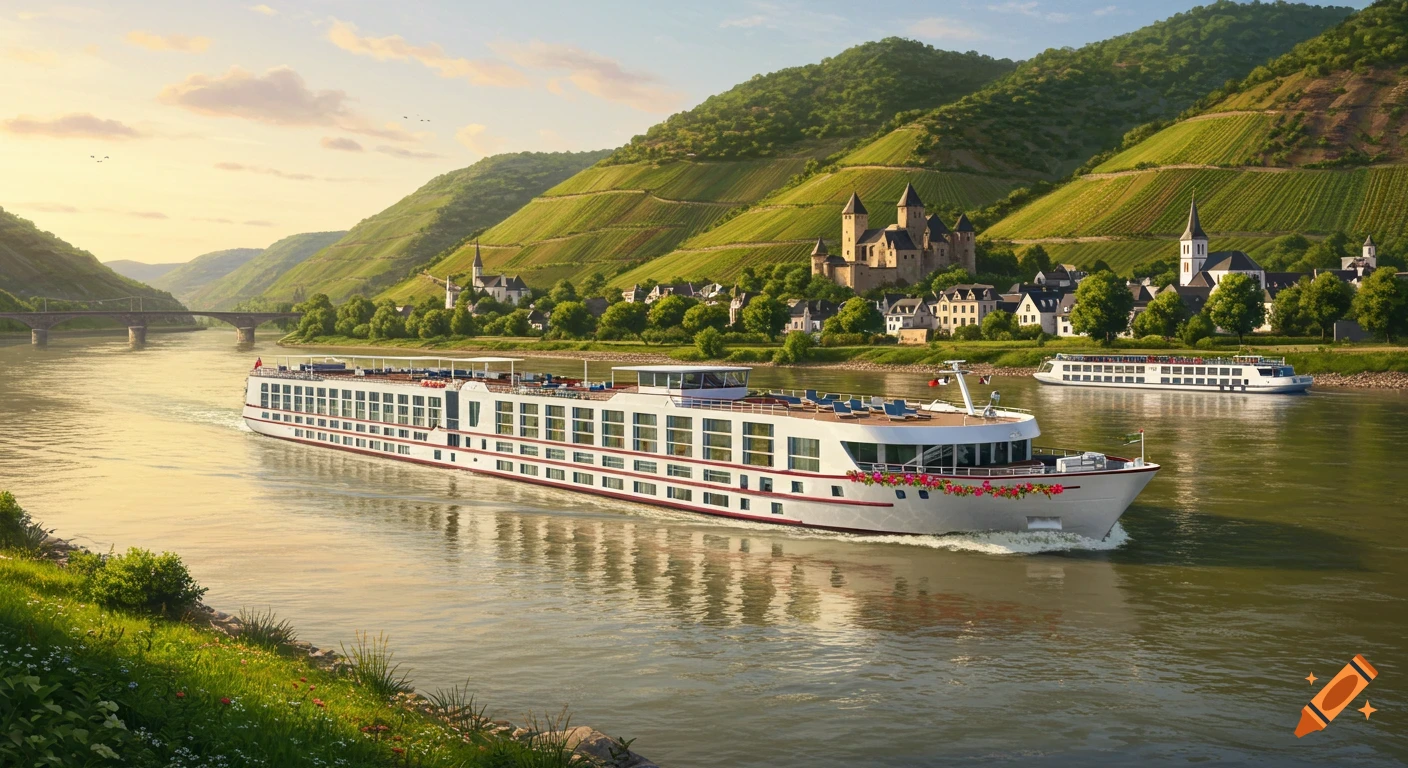 Luxury river cruise ship sailing on a river with a European town, castle, and terraced vineyards in the background at sunset.