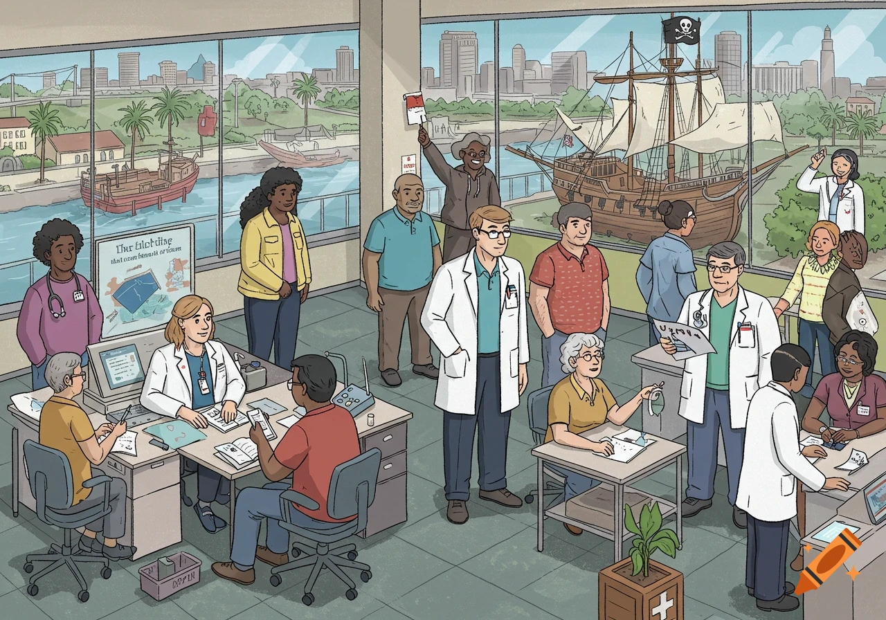 Illustration of people in a clinic looking out at a city skyline and harbor with ships