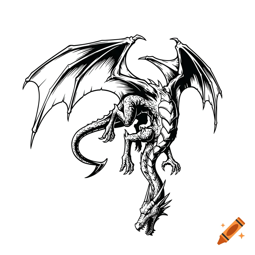 Black and white vector art illustration of a dragon in free fall.