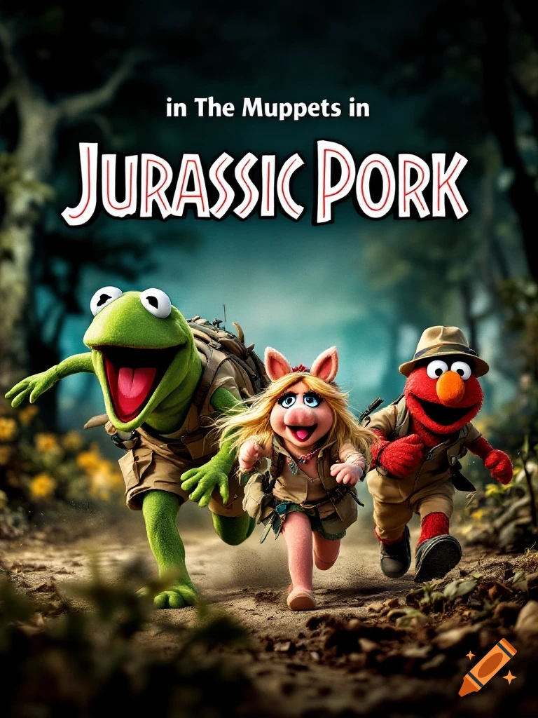 Poster for Jurassic Pork parody film featuring Kermit, Miss Piggy, and Elmo running through a jungle