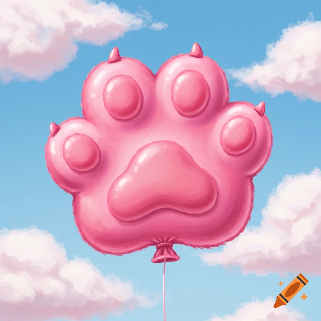 A pink paw-shaped balloon floats in a blue sky with clouds.