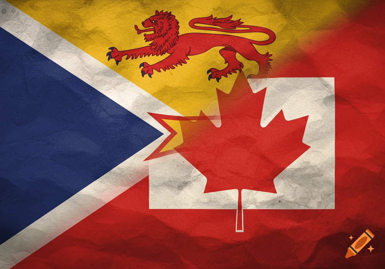 Merged Newfoundland and Canadian flag design with textured paper effect.