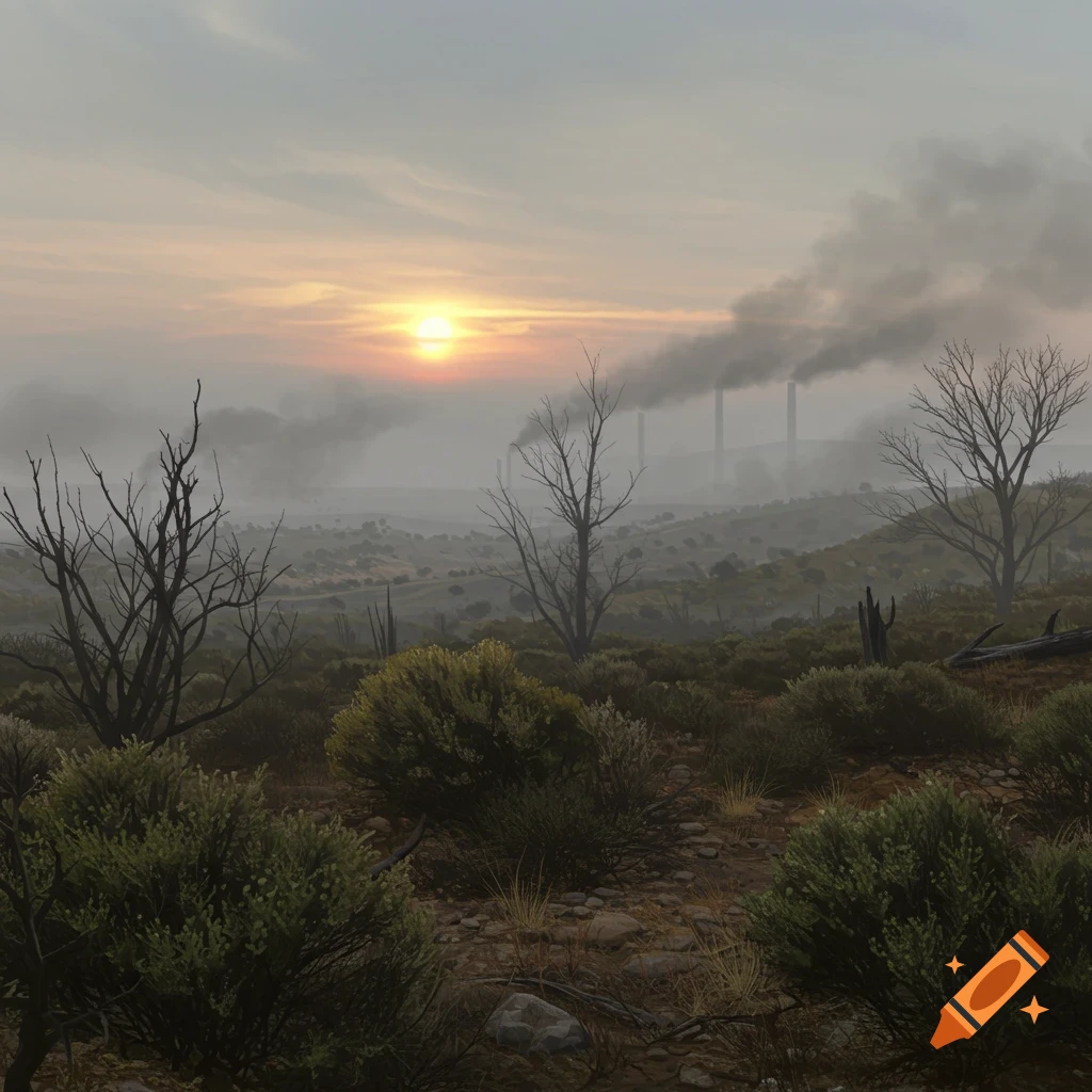 A desolate landscape with industrial smokestacks emitting smoke at sunset.