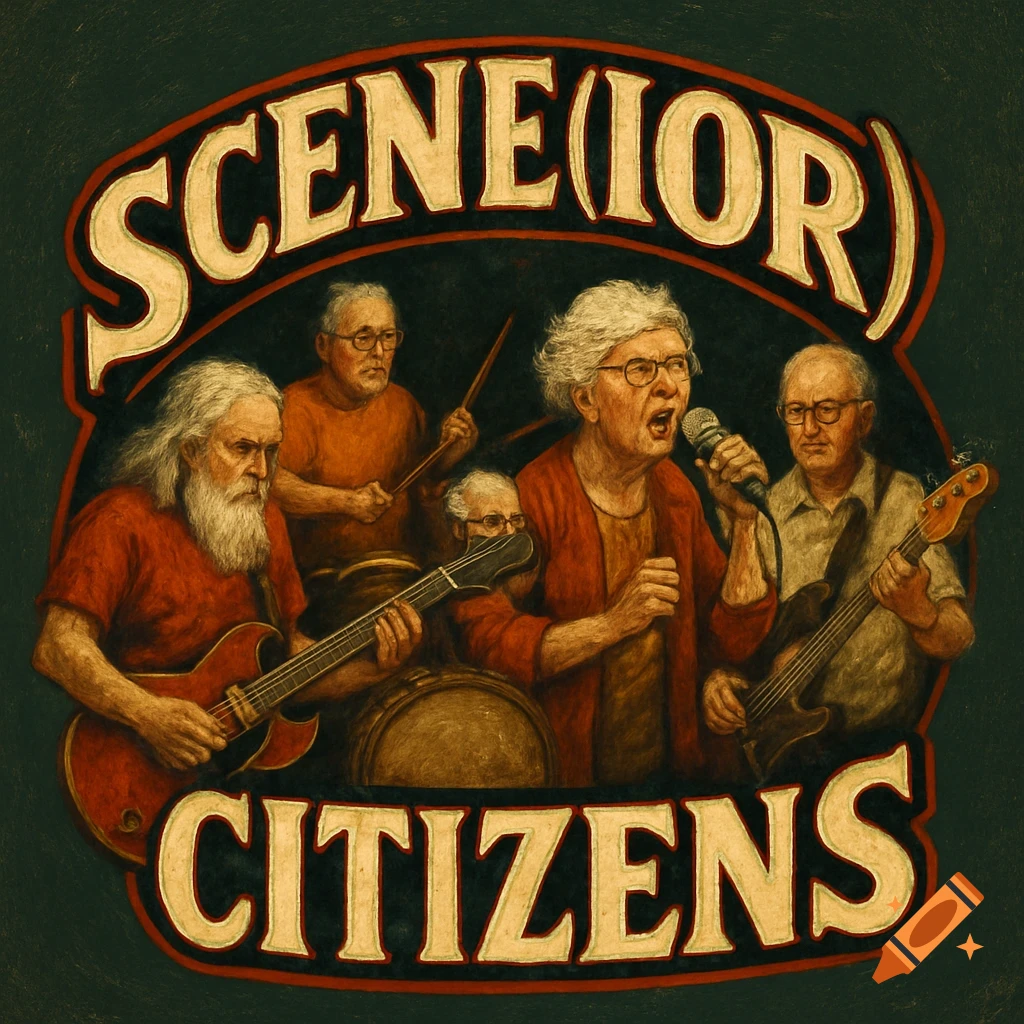 Logo for a band of senior citizens playing instruments, with text 'SCENE(IOR) CITIZENS'.