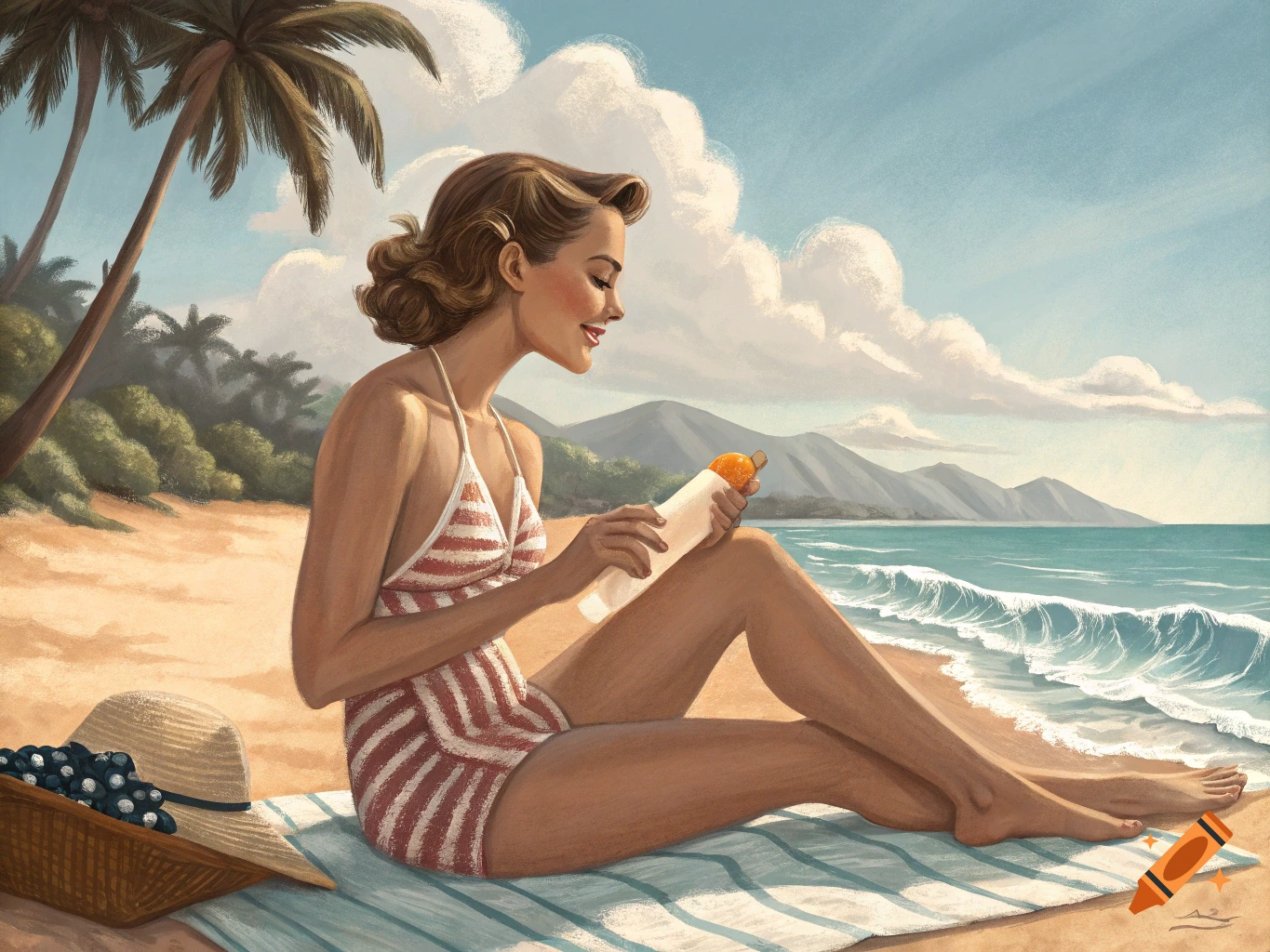 Vintage illustration of a woman applying sunscreen on a beach.