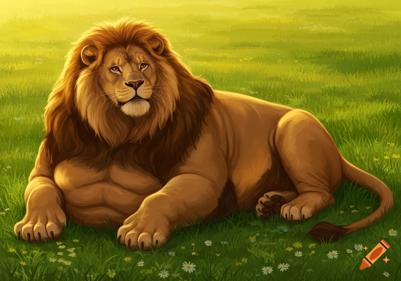 An obese lion rests in a sunlit grassy field with wildflowers.