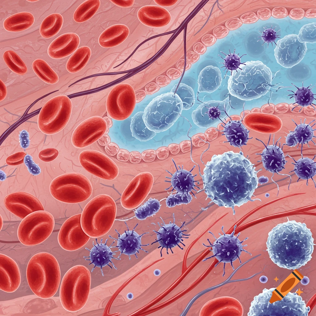 Detailed illustration of red and white blood cells and microbes in a blood vessel.