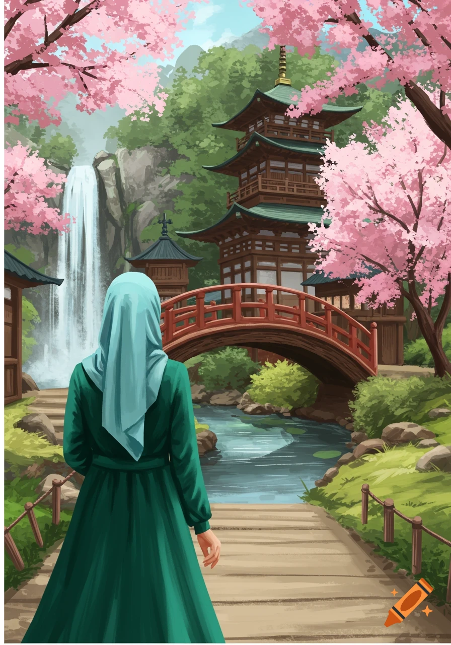 Illustration of a woman in a hijab looking at a Japanese garden with a pagoda, bridge, waterfall, and cherry blossoms.