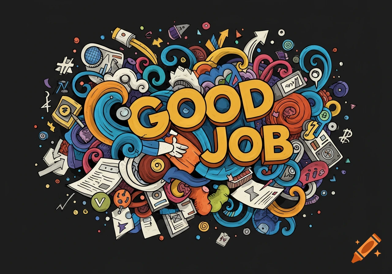 Colorful doodle illustration with swirls, objects, and the words GOOD JOB on a dark background.