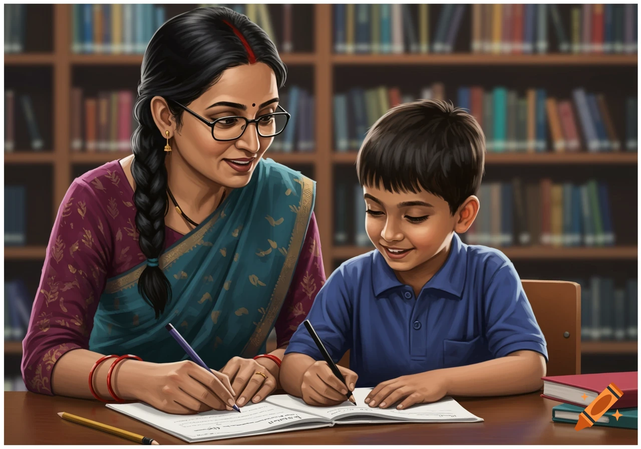 Teacher and boy in a library write in notebooks at a desk.