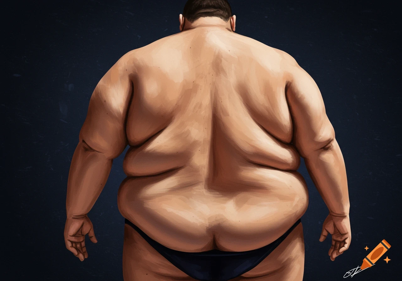 Digital painting showing the back of a person with significant body fat wearing dark underwear against a dark background.