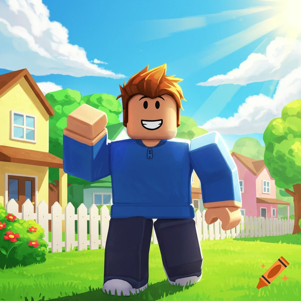 Stylized block character stands outside a suburban house under a sunny sky.