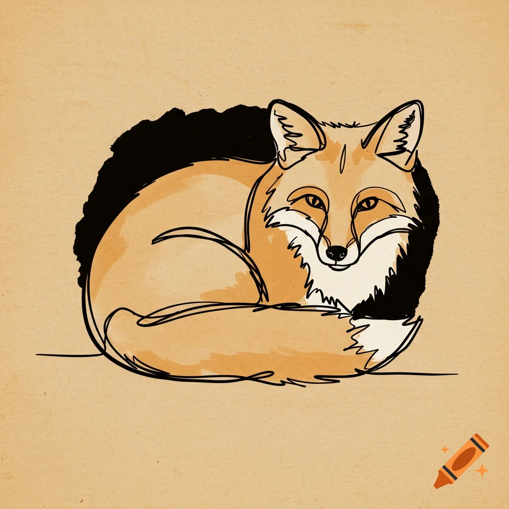 Minimalist single line ink brush drawing of a curled-up fox on a papyrus-like background.