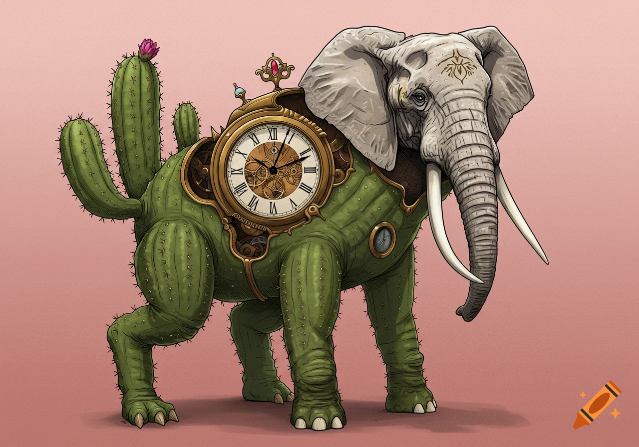 Illustration of a fantasy creature blending a cactus body with an elephant head and tusks, carrying a large clock on its back.