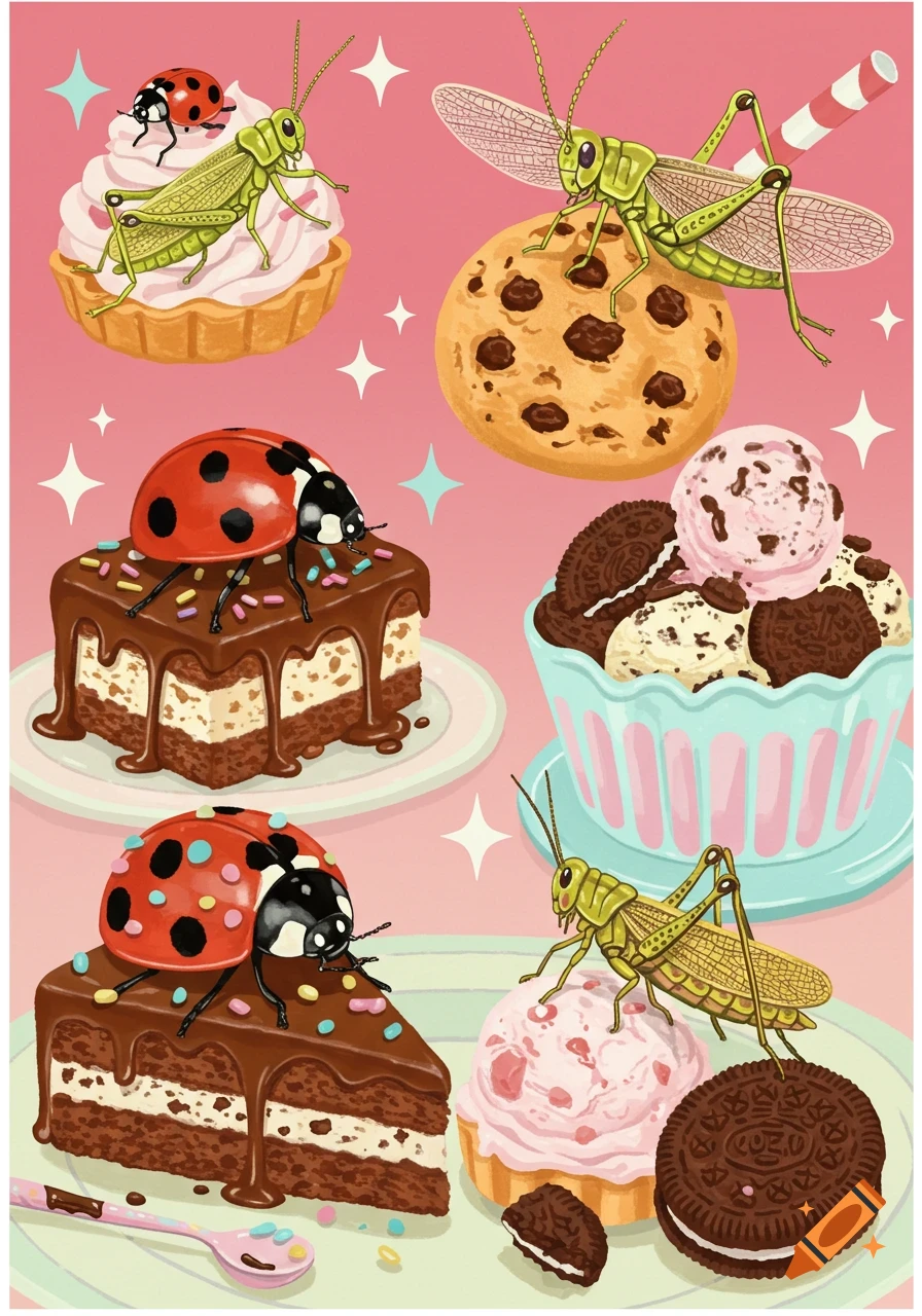 Illustration of ladybugs and grasshoppers on various desserts like cake, cookies, and ice cream.